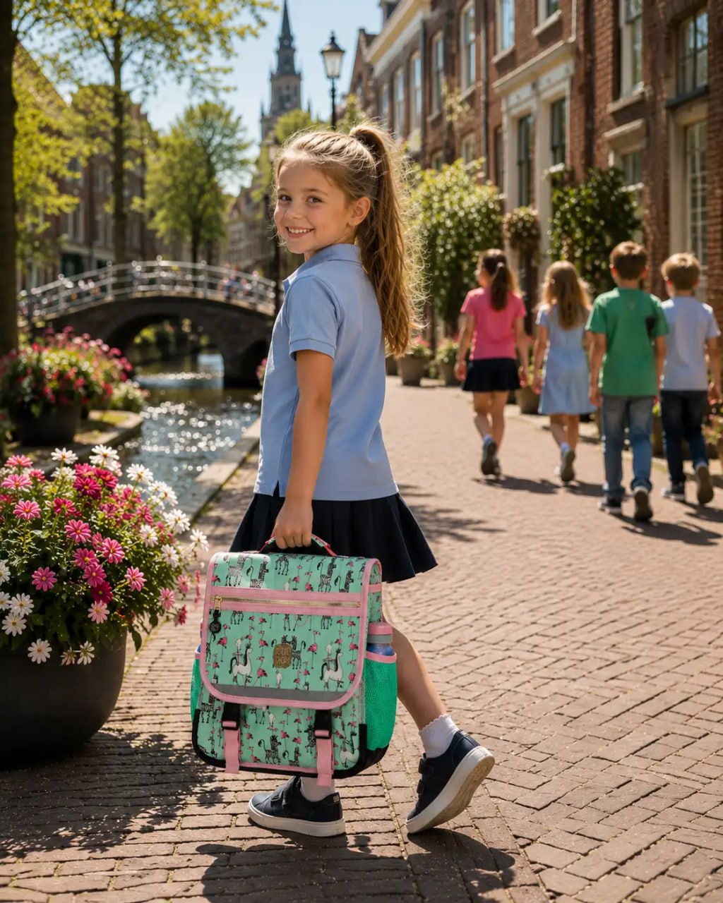 Girl with a green and pink backpack walking on a brick path in a town.