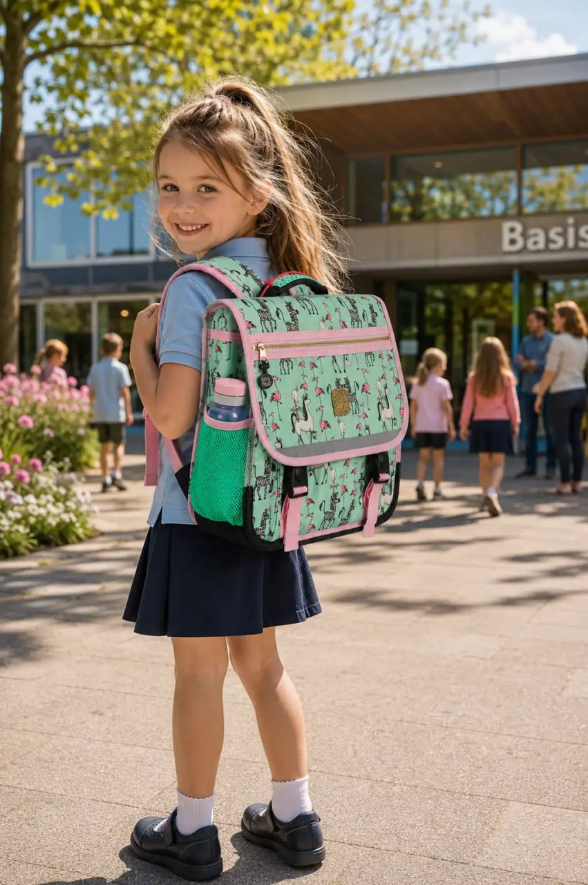 Young girl with a green and pink backpack standing in front of a school building.
