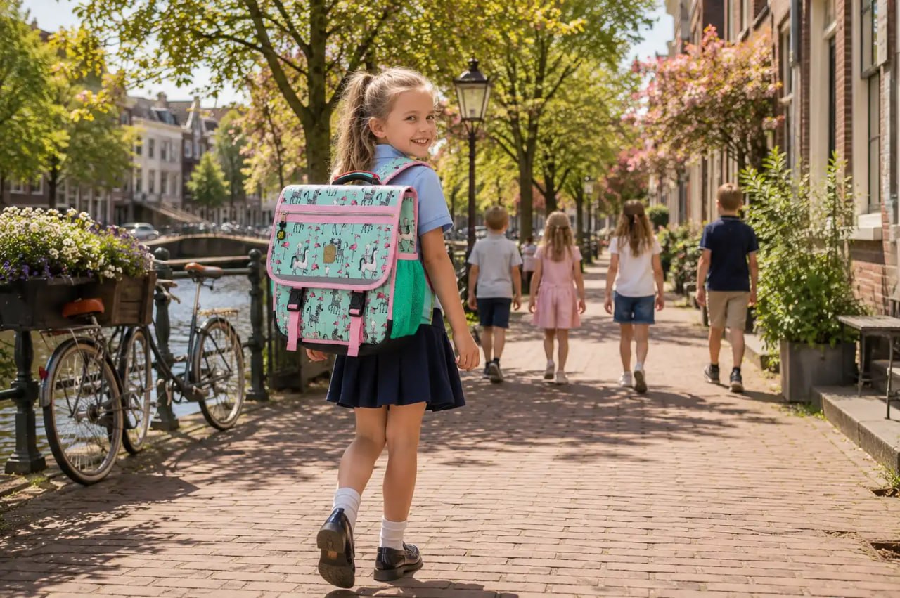 Girl with a colorful backpack walking along a canal in a European town.
