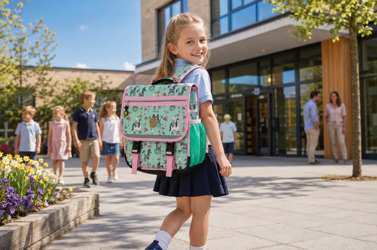 Girl with a colorful backpack walking outside a school building