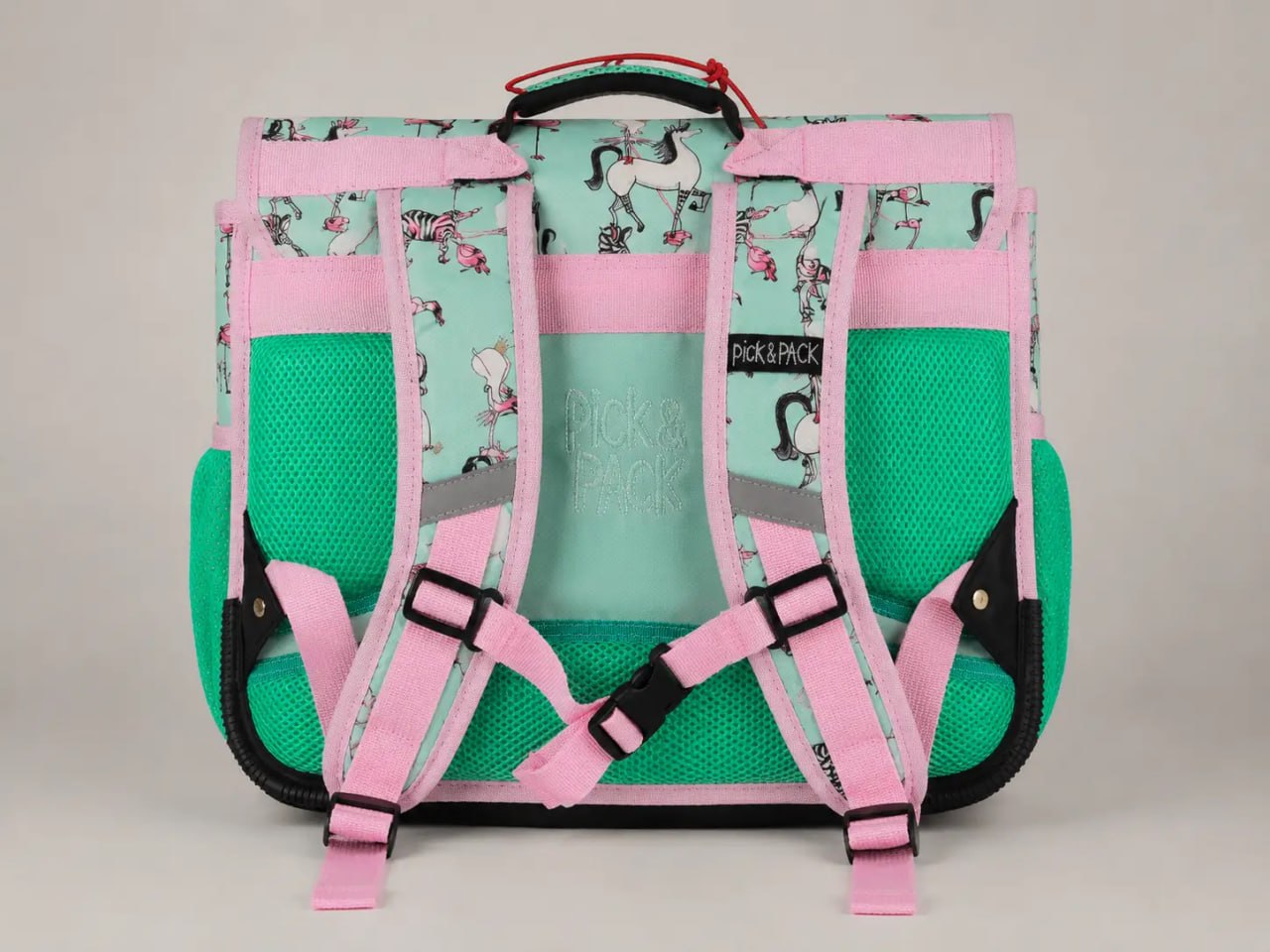 Backpack with pink straps and a green base on a gray background