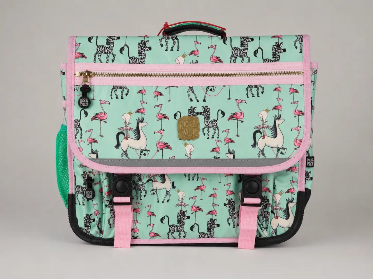 Children's backpack with zebra and flamingo pattern on a gray background