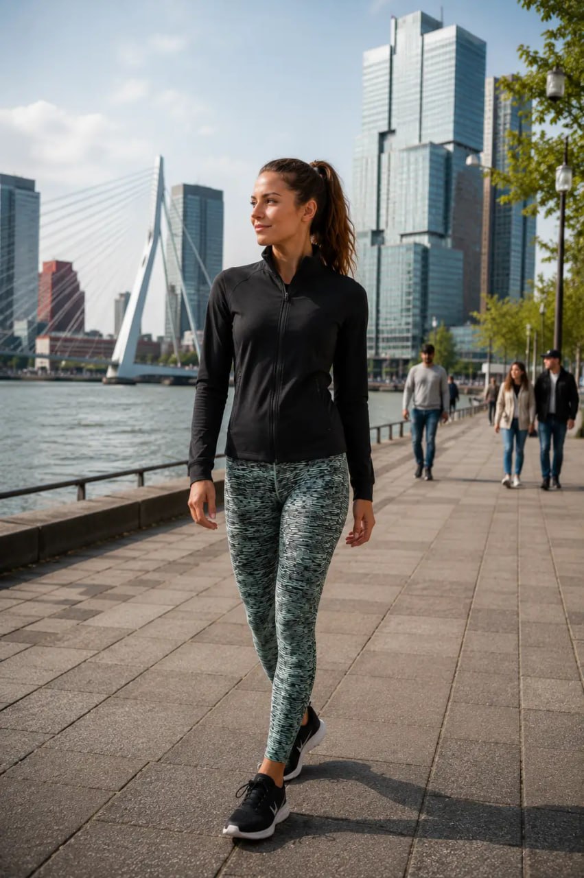 Woman walking along a city waterfront with modern buildings in the background