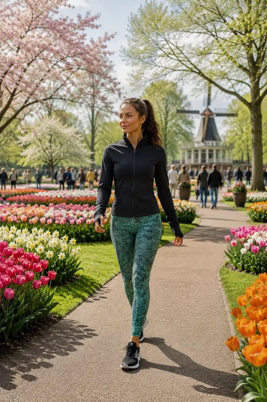 Woman walking in a park with tulips and a windmill in the background