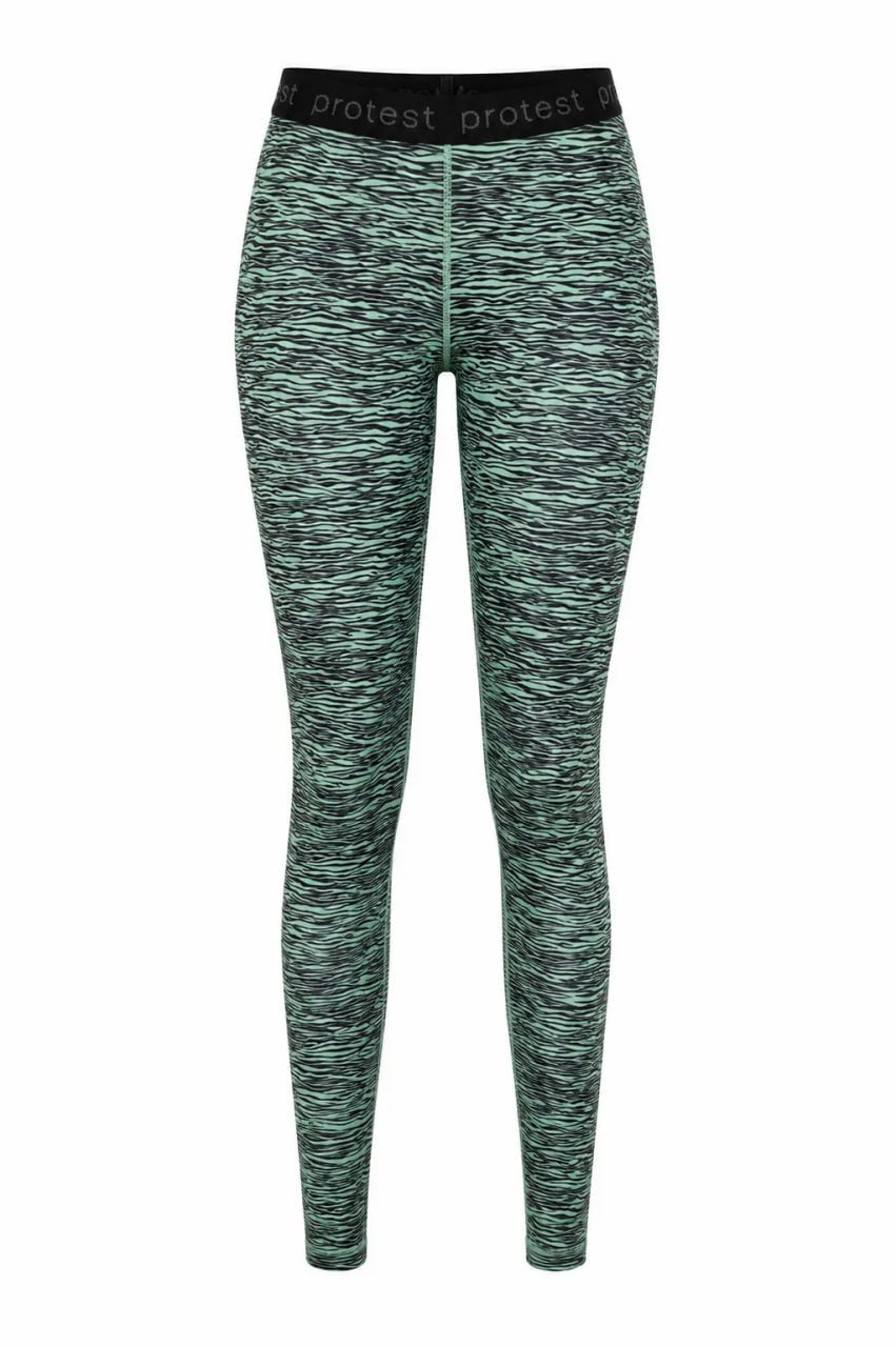 Green and black patterned leggings with 'protect' branding on a white background