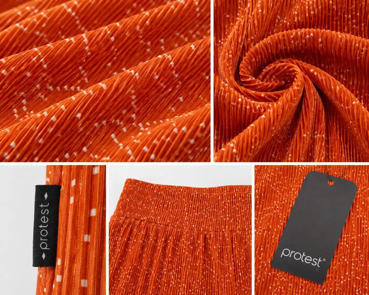 Collage of orange fabric with white speckles, rolled fabric, and a 'protest' tag.
