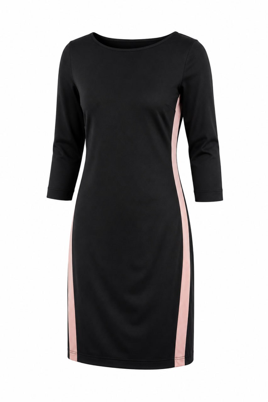 Black dress with pink side panels on a white background