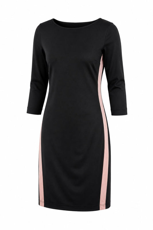 Black dress with pink side panels on a white background