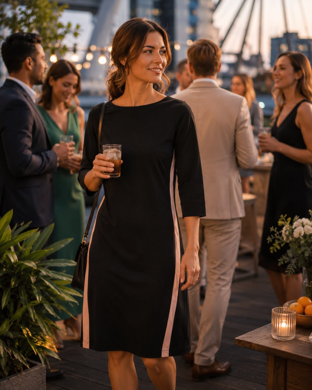 Woman in a black dress holding a drink among other people at an outdoor event.
