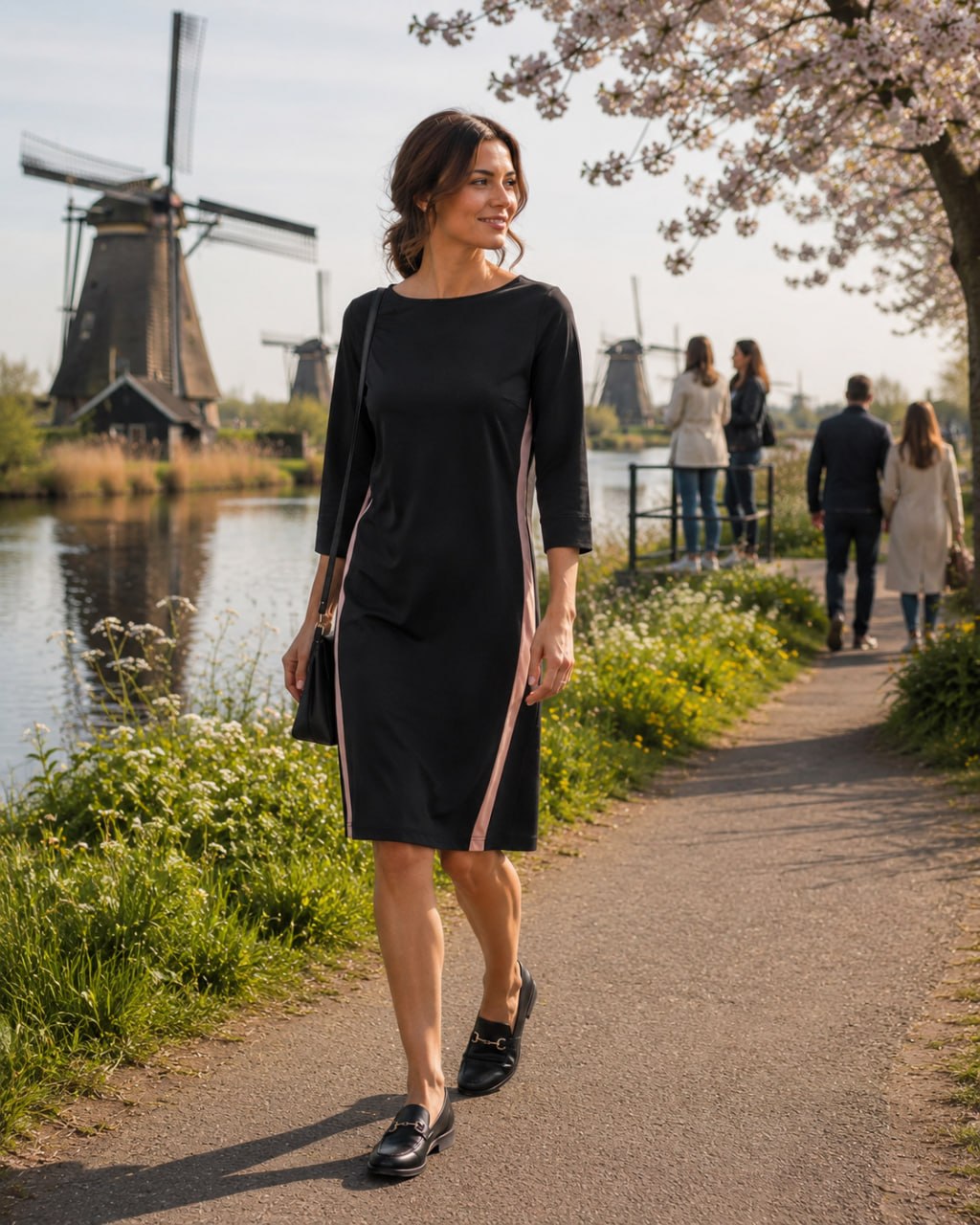 Woman in a black dress walking along a path with windmills and cherry blossoms in the background.