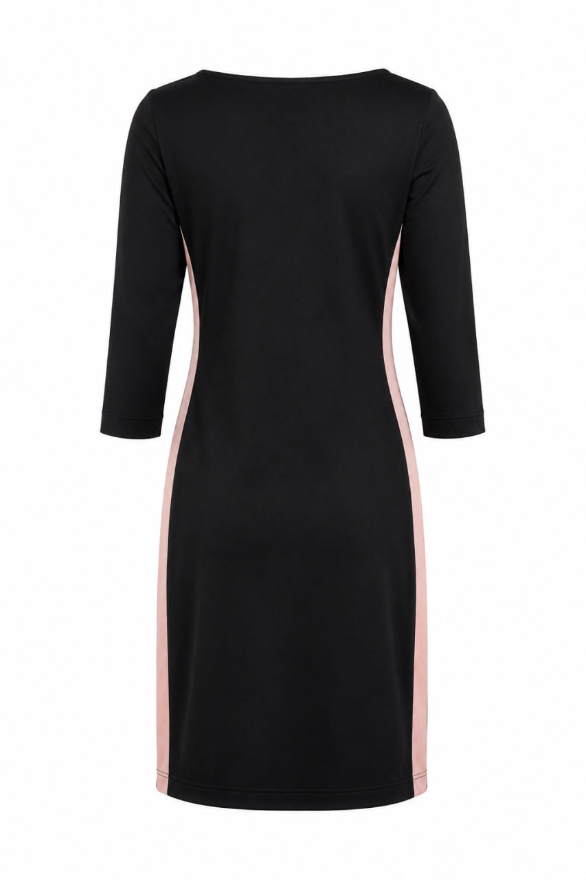 Black dress with pink accents on a white background
