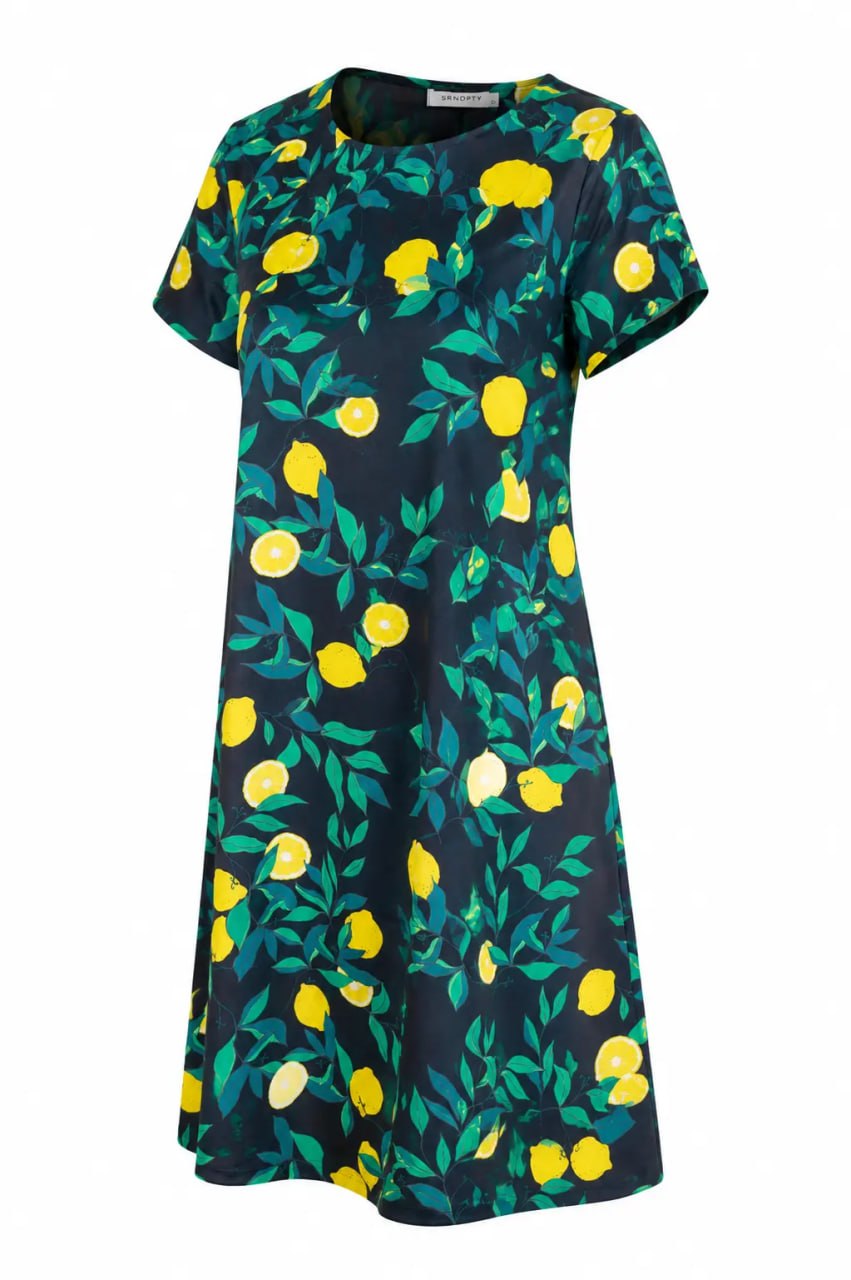 Navy dress with yellow lemon pattern on a white background