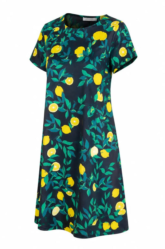 Navy dress with yellow lemon pattern on a white background