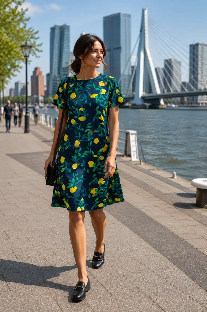 Woman in a floral dress standing by a waterfront with modern buildings in the background
