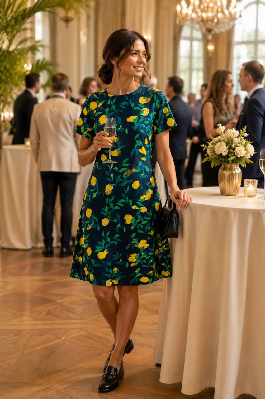 Woman in a floral dress holding a glass in a formal event setting
