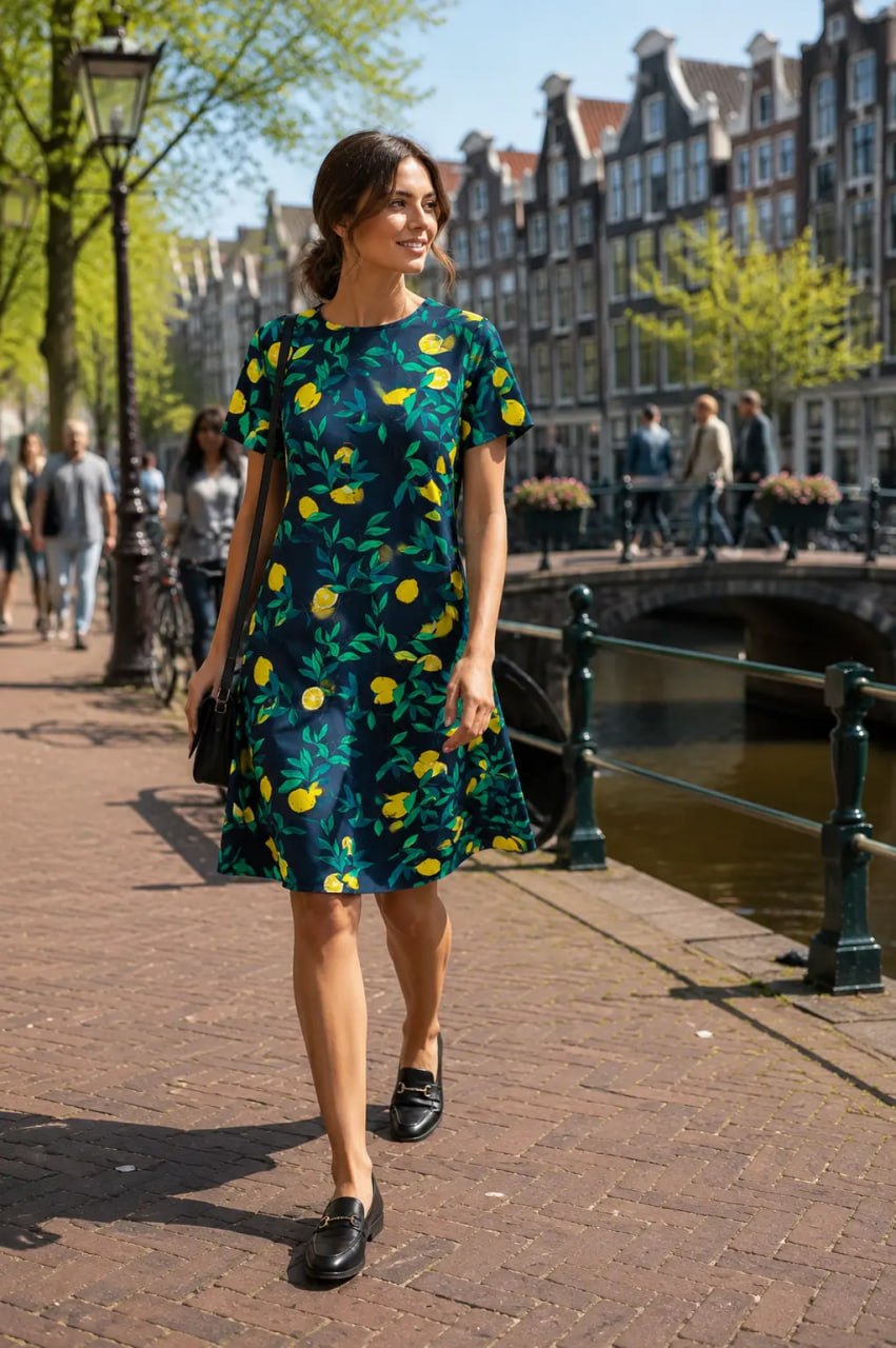 Woman in a floral dress walking along a canal in a European city.