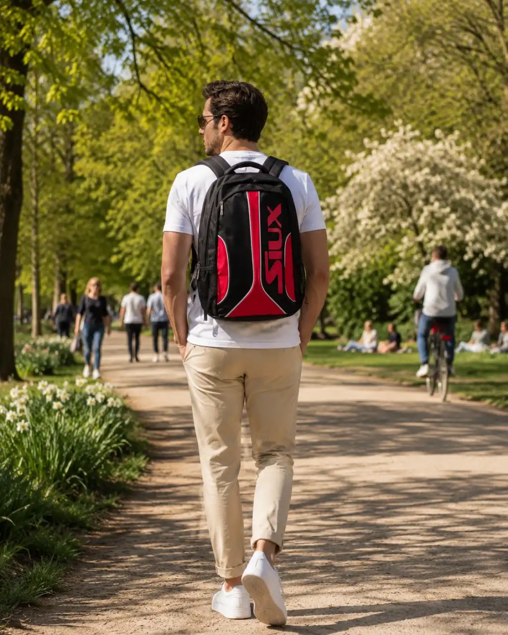 Man walking in a park with a red and black backpack