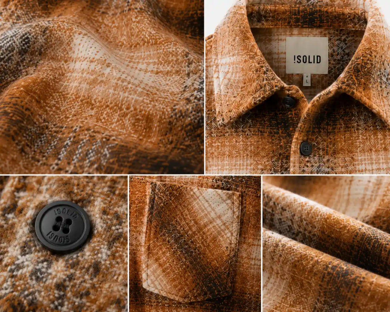 Collage of a brown plaid shirt with close-up details and 'ISOLID' brand label.