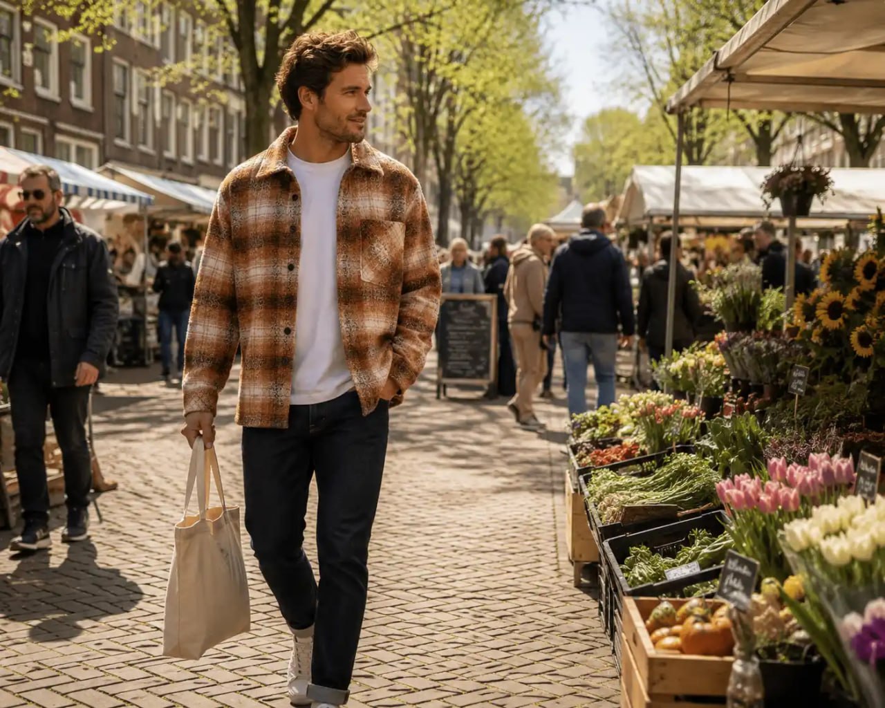 Man walking through an outdoor market with produce and flowers on display