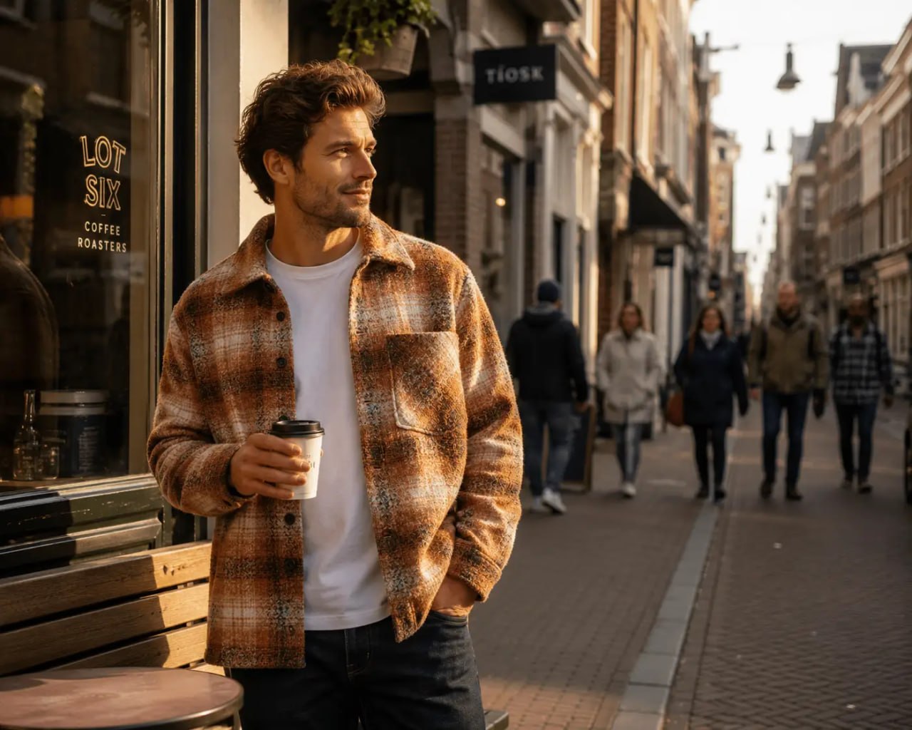 Man holding a coffee cup on a city street with people walking by