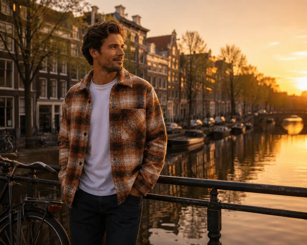 Man standing by a canal with sunset in the background