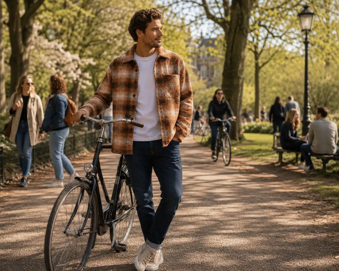 Man walking with a bicycle in a park setting