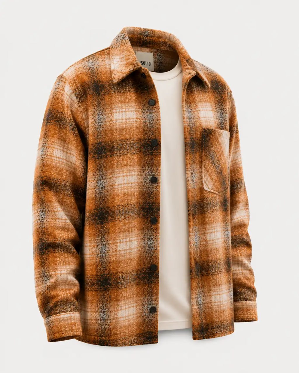 Brown plaid shirt over a white t-shirt on a light gray background
