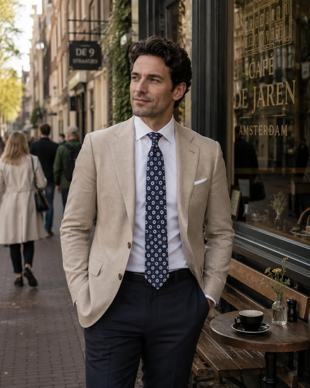 Man in a beige blazer and navy tie standing in front of a cafe in Amsterdam