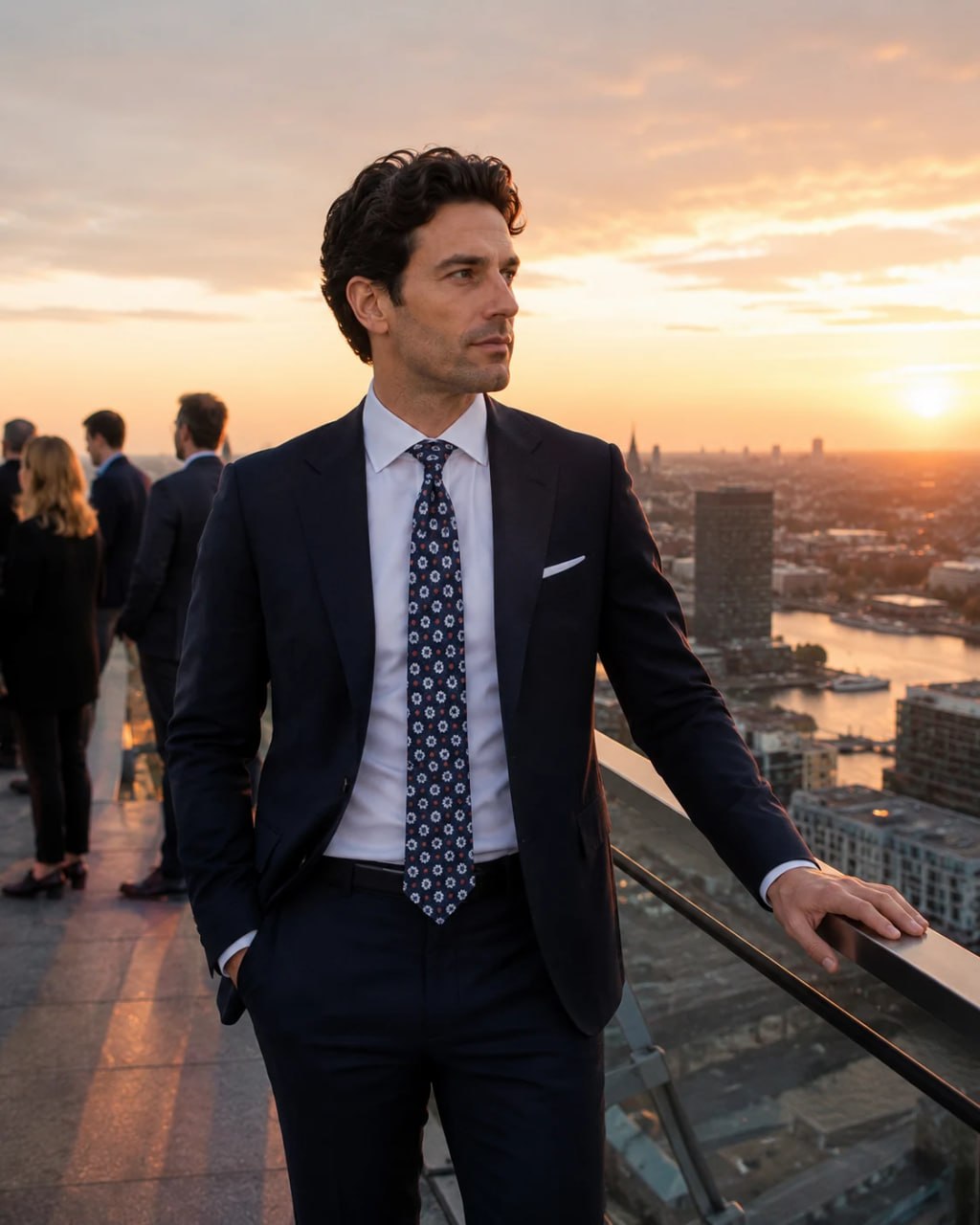 Man in a suit standing on a rooftop with a cityscape and sunset in the background