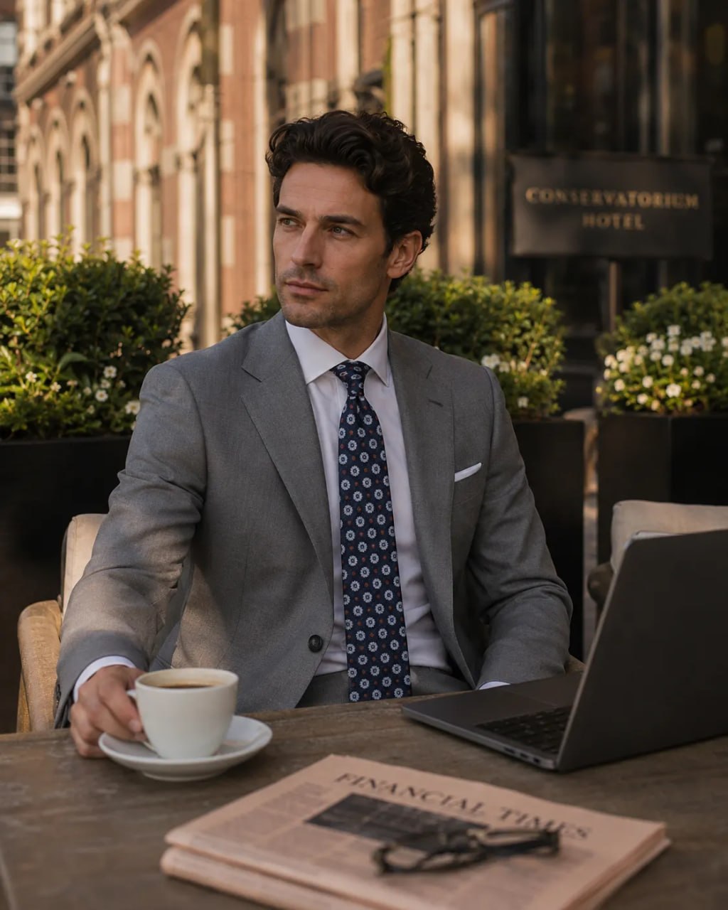 Man in a suit sitting at an outdoor table with a newspaper and laptop, Conservatorium Hotel in the background.