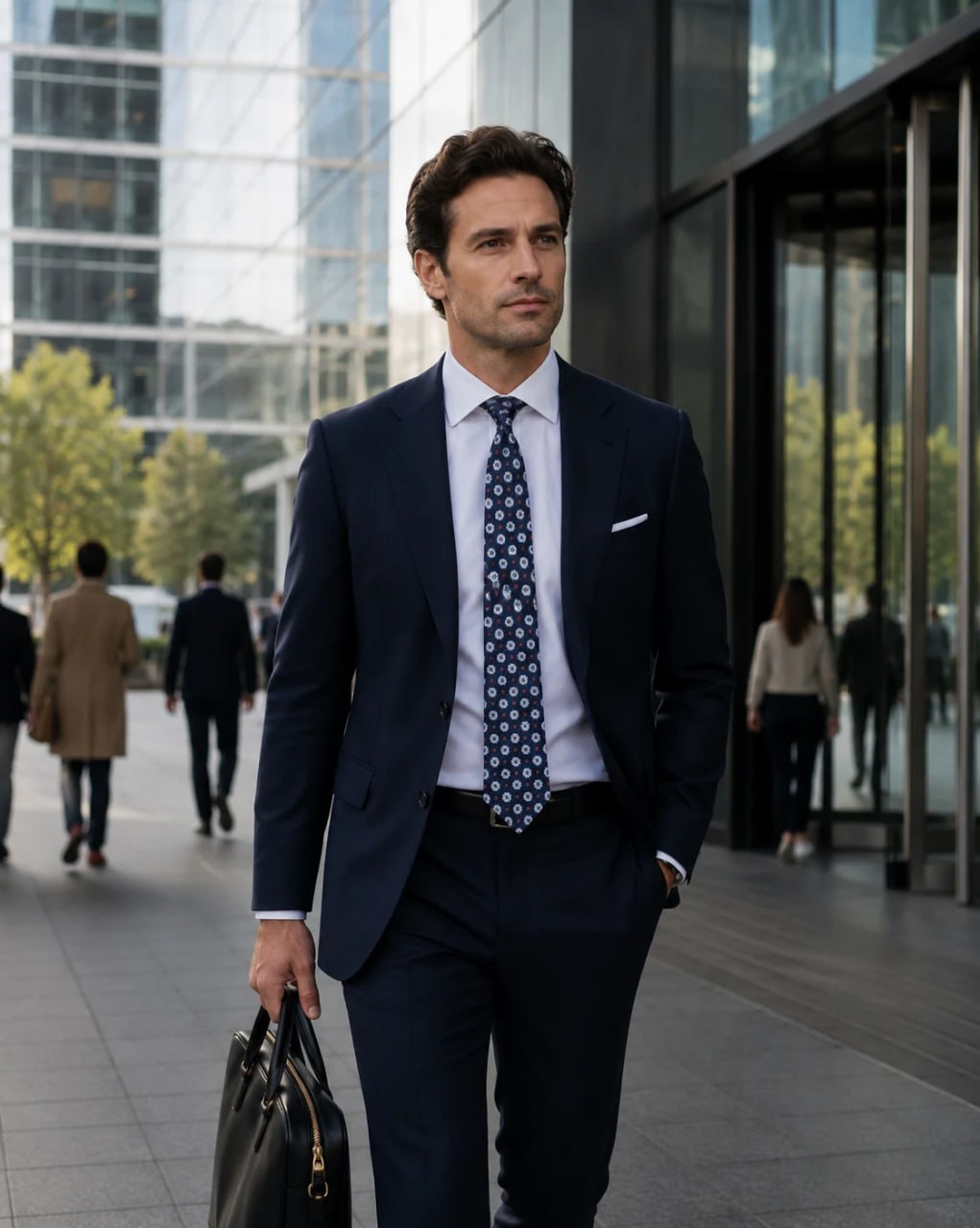 Man in a suit walking in an urban setting with modern buildings.
