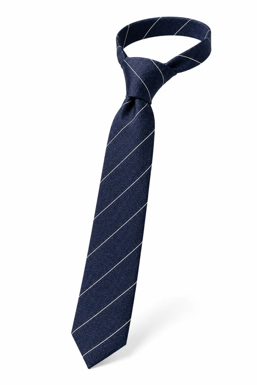 A Navy Stripe State of Art modern Classics silk tie on a white background