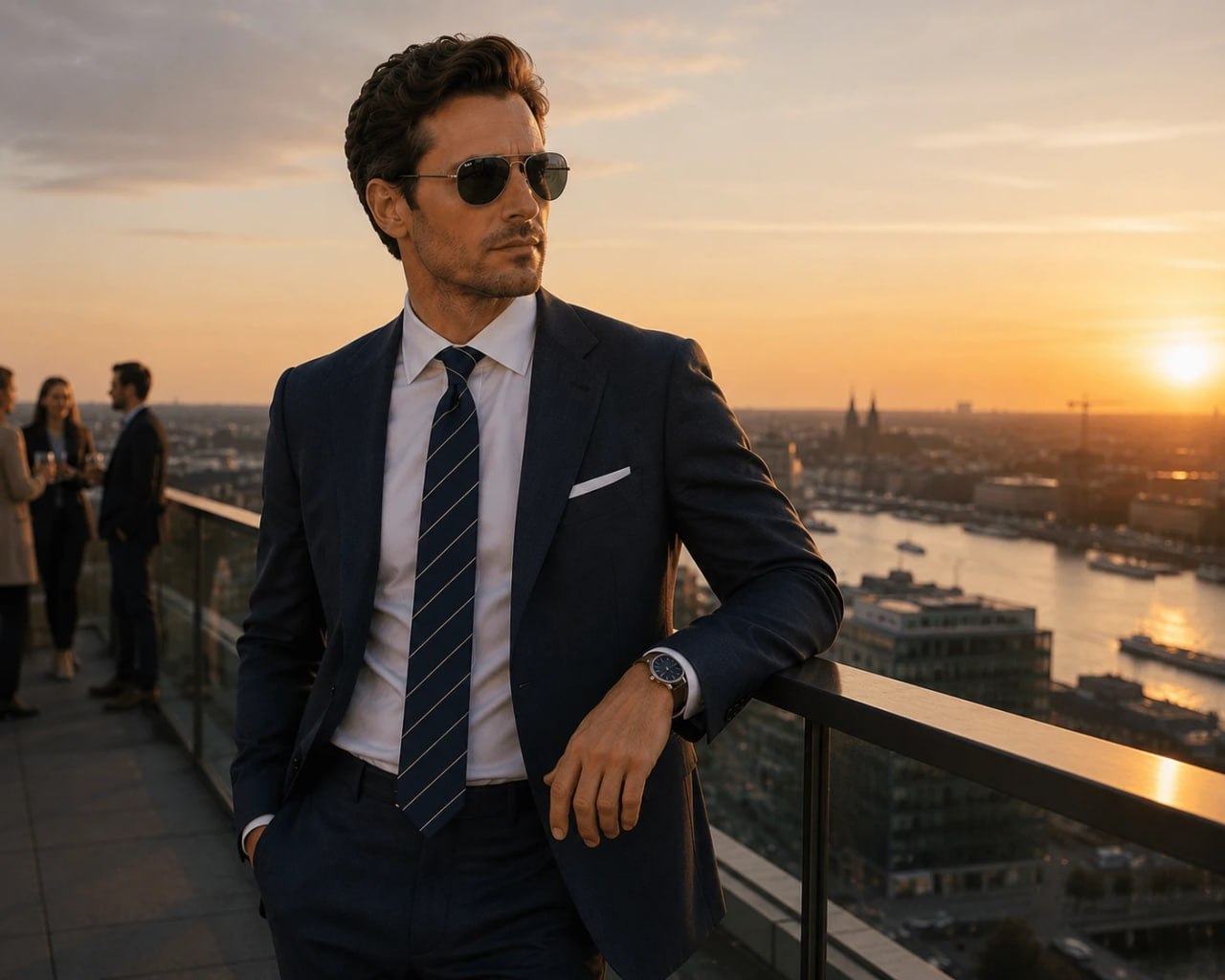 Man in a suit with a Navy Stripe State of Art modern Classics silk tie and sunglasses standing on a rooftop with a cityscape and sunset in the background