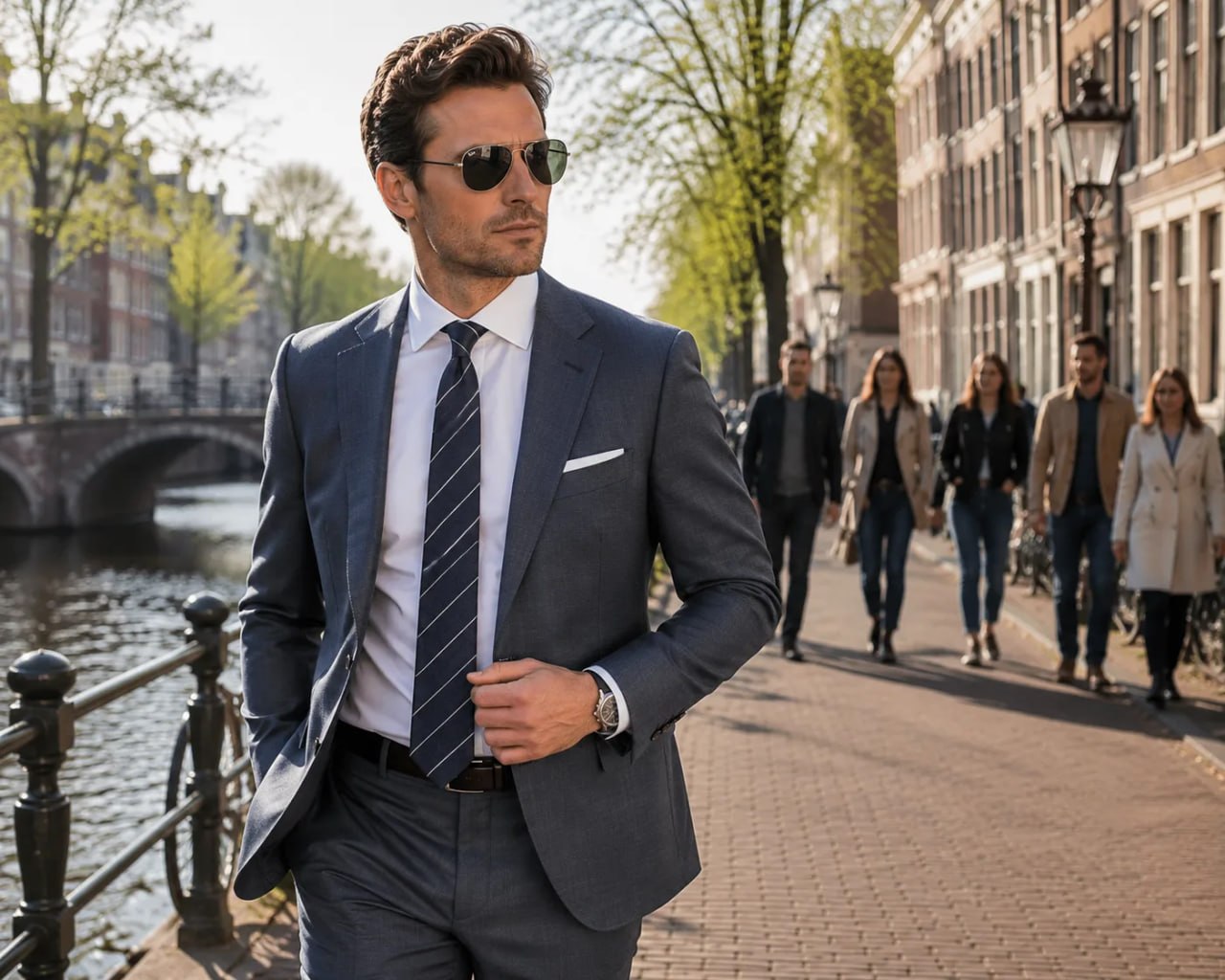 A man in navy suit with a Navy Stripe State of Art modern Classics silk tie walking at a canal street