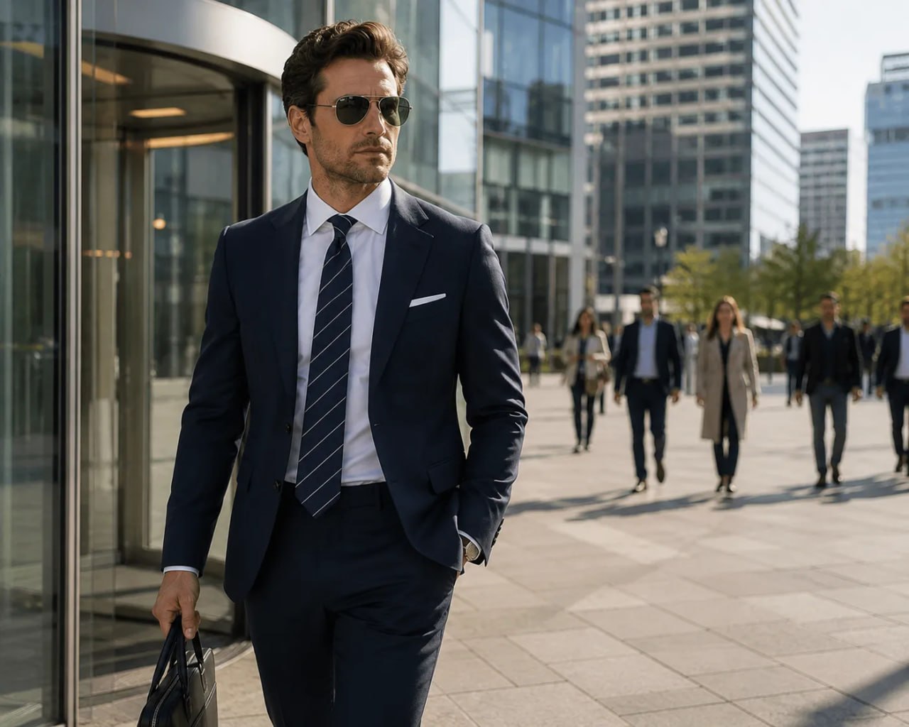 A man in navy suit with a Navy Stripe State of Art modern Classics silk tie walking in the street.