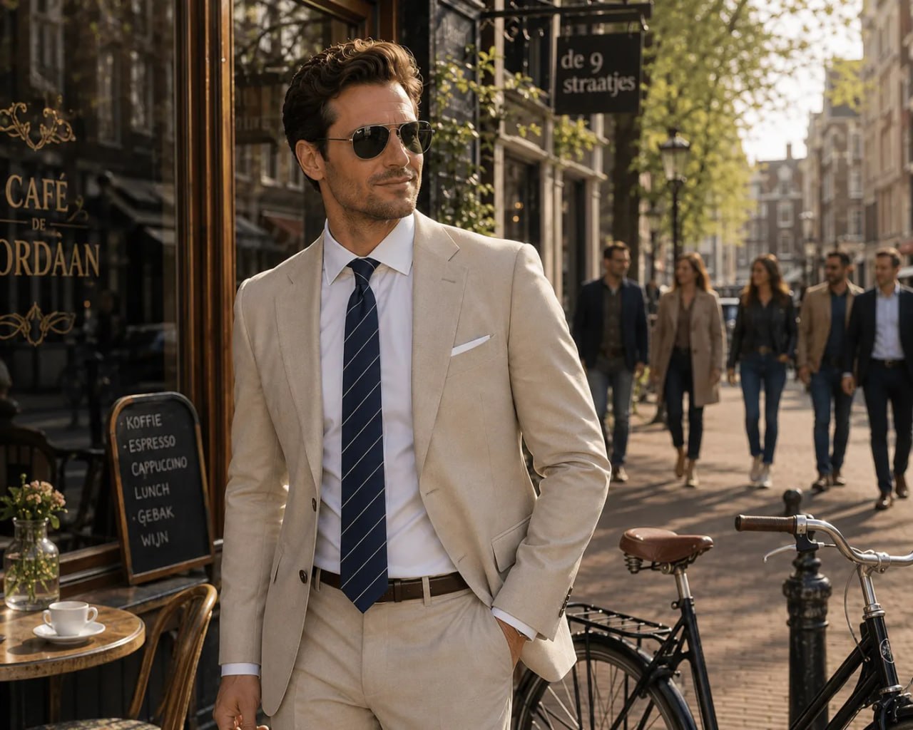 Man in a beige suit with a Navy Stripe State of Art modern Classics silk tie standing on a street with a cafe in the background