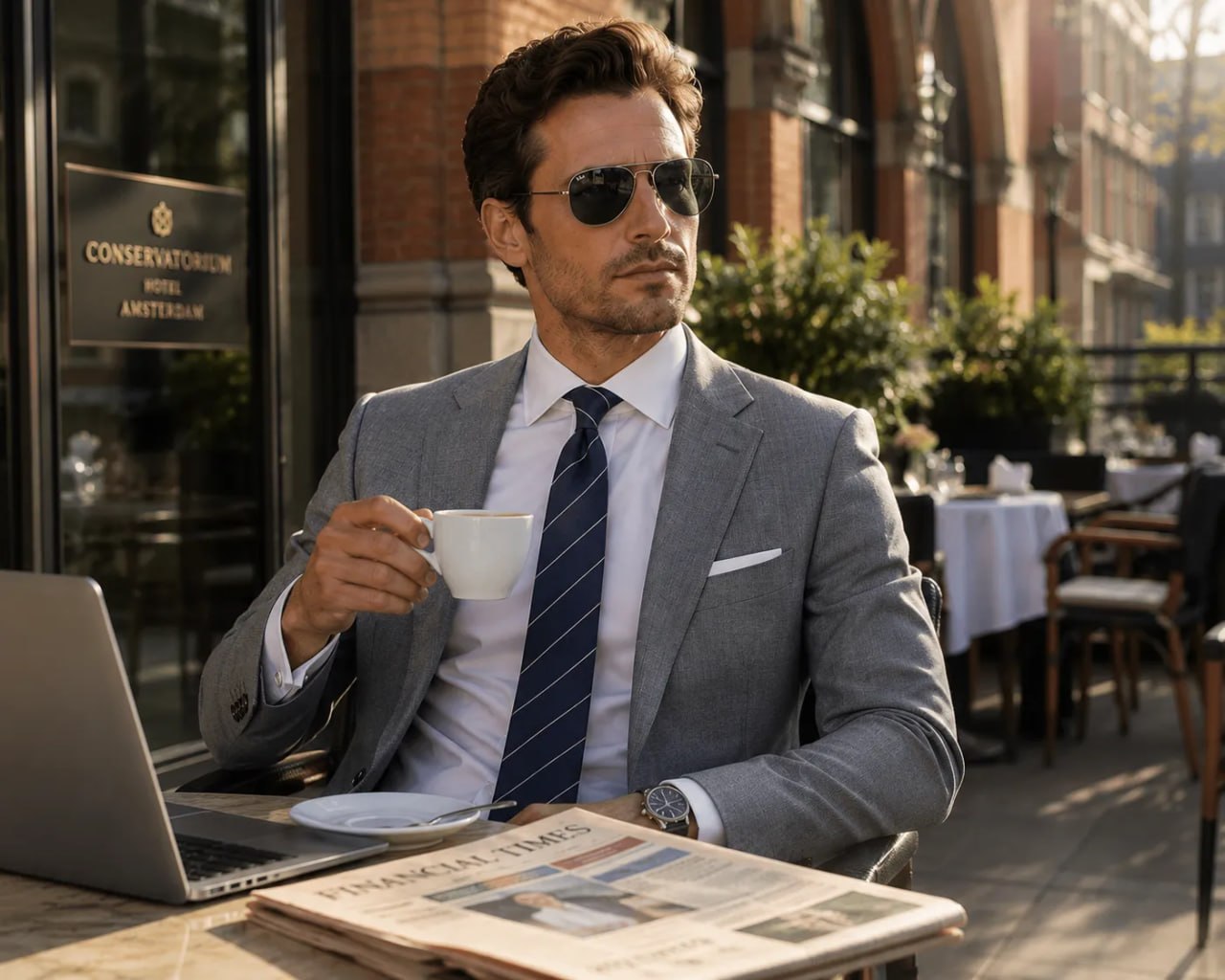 A man in Suit with a Navy Stripe State of Art modern Classics silk tie sitting in front of a coffee shop drinking coffee