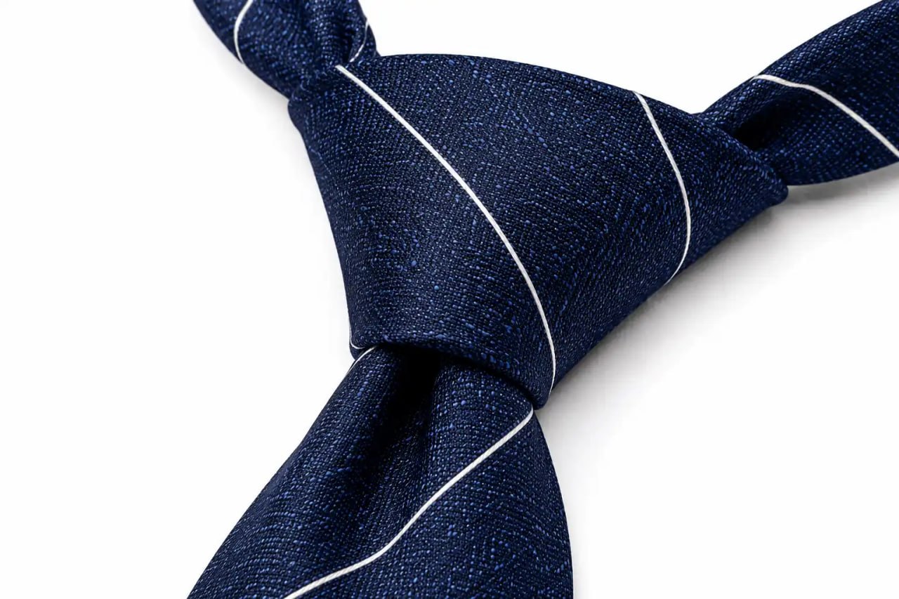Close-up of a blue tie with white stripes on a white background