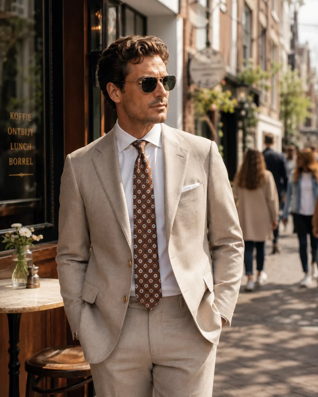 Man in a beige suit with a brown patterned State of Art Modern Classics silk tie standing on a street.