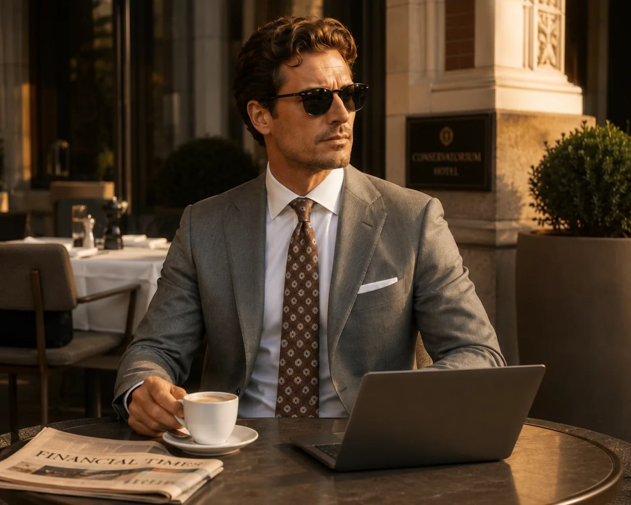 Man in a suit anda brown patterned State of Art Modern Classics silk tie with sunglasses sitting at a table with a laptop and newspaper in an outdoor setting.