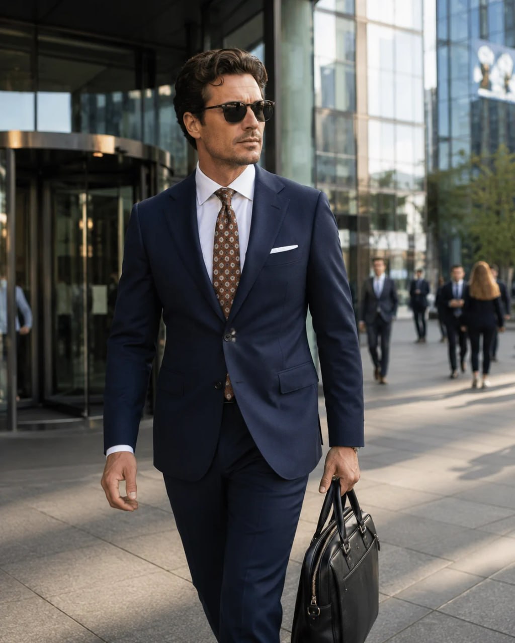 Man in a navy suit with a brown patterned State of Art Modern Classics silk tie walking outdoors in an urban setting
