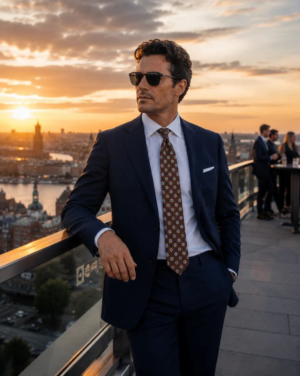 Man in a suit with a brown patterned State of Art Modern Classics silk tie and sunglasses standing on a rooftop with a cityscape and sunset in the background