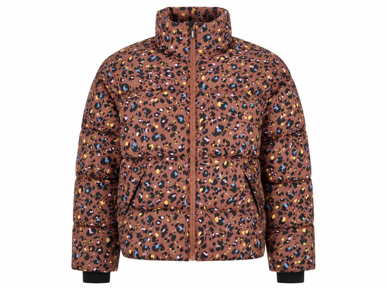 Brown puffer colorful patterned Stronger heat short jacket with multicolor pattern on a white background