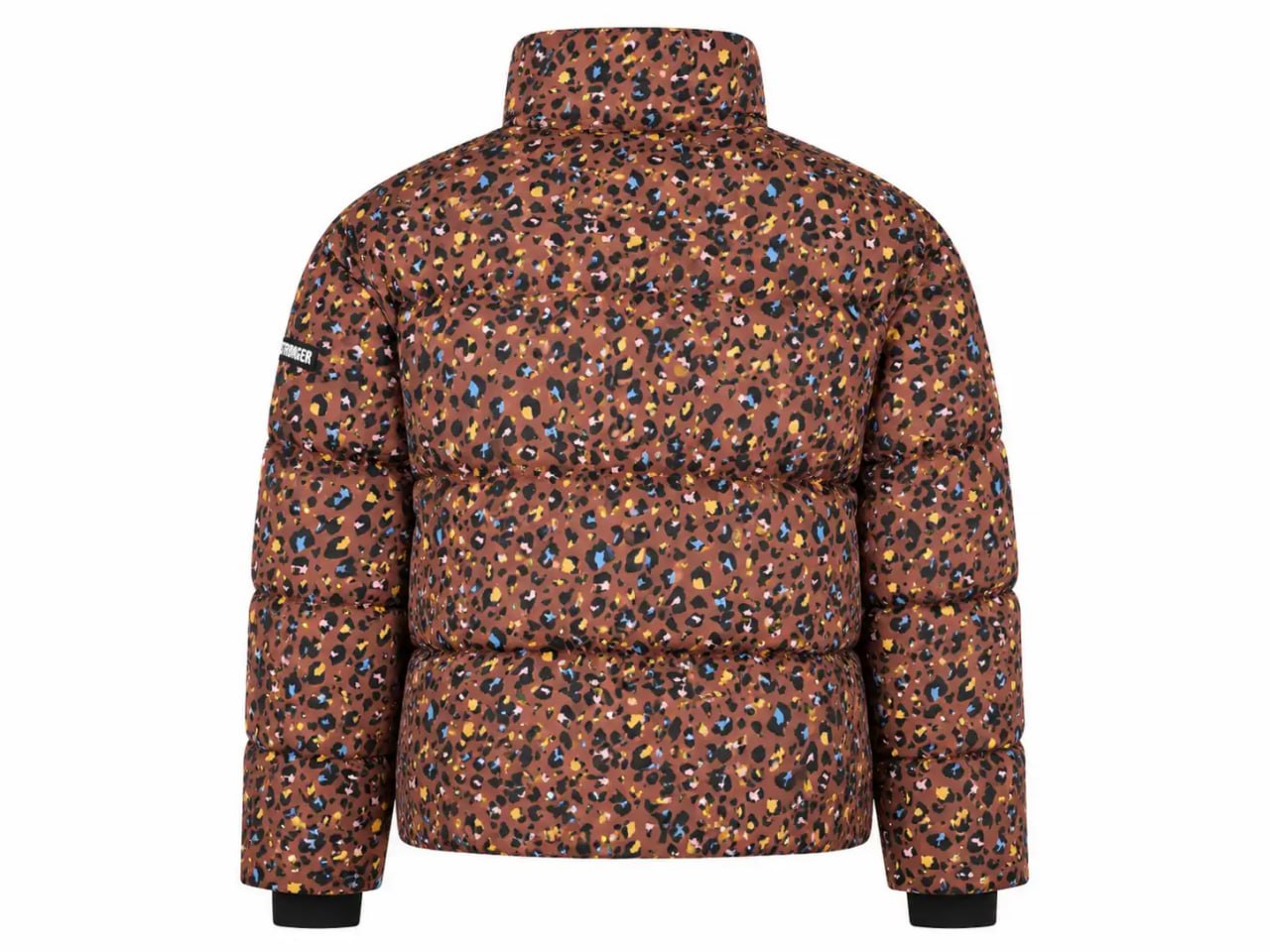 Back view of a brown puffer colorful patterned Stronger heat short jacket with multicolor pattern on a white background