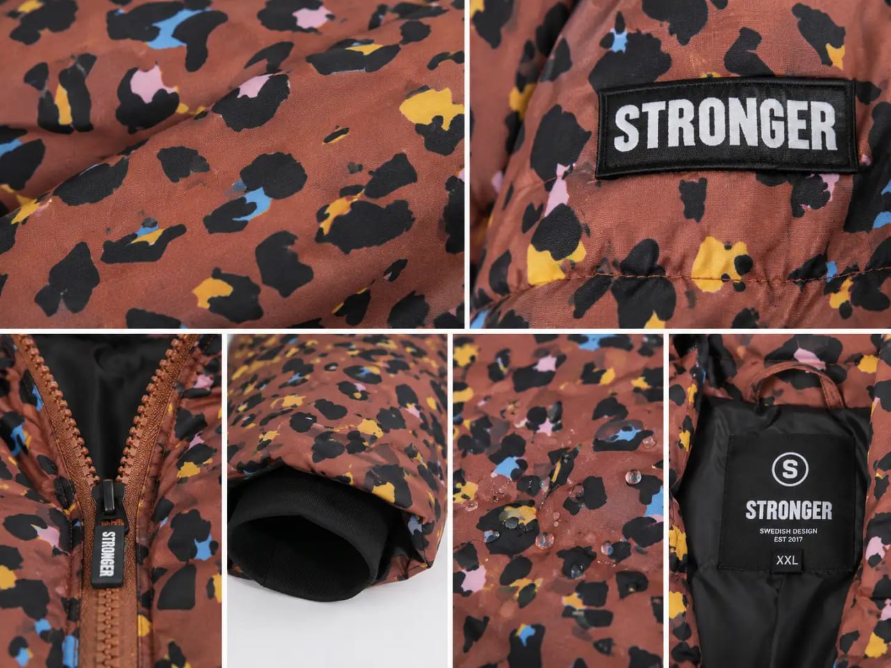 Collage of a jacket with a leopard print pattern and 'STRONGER' branding.