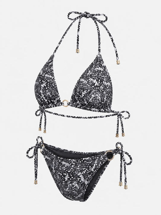 Untouched Butterfly Print Triangle Bikini Set Black White