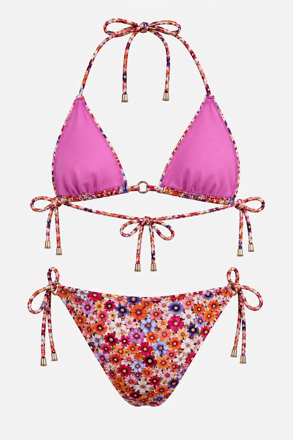 Untouched Floral Garden Print Triangle Bikini Set Pink Multi