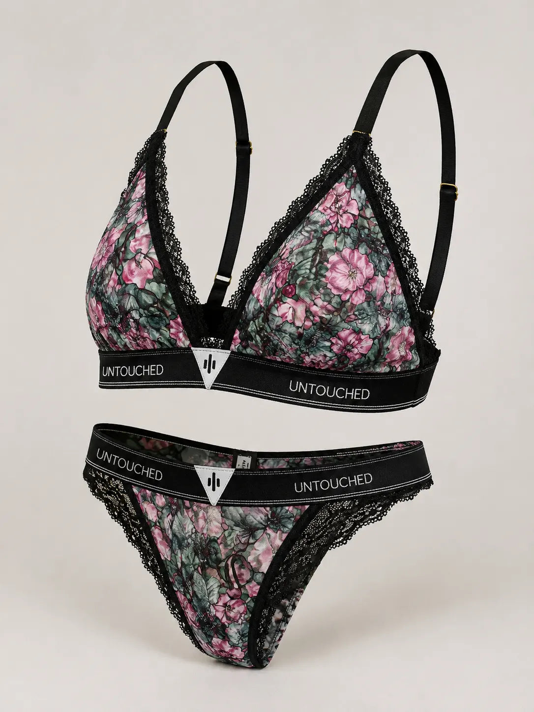 Untouched Funky Flowers Lace Bralette & Brazilian Thong Set Black Floral