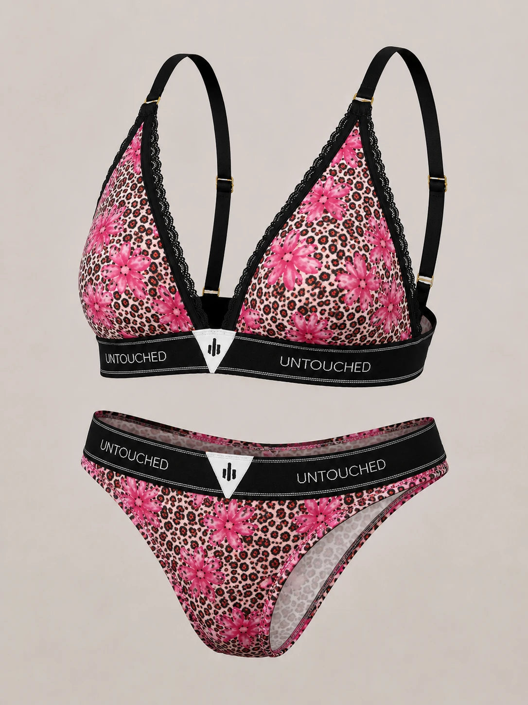 Untouched Leopard Flower Brazilian Bralette & Thong Set Pink Leopard