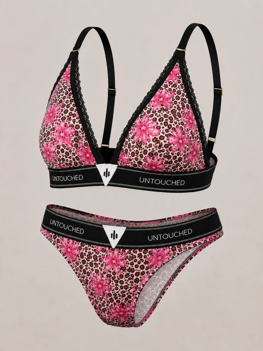 Untouched Leopard Flower Brazilian Bralette & Thong Set Pink Leopard